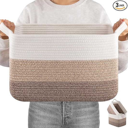 OIAHOMY Woven Storage Basket, Cotton Rope Baskets for Toys,Towel, Clothes, Used to Bathroom,Living Room,Nursery,Bedroom, 16"x12"x10"- Pack of 3, Gradient Yellow by MasterofSpaceOptimization