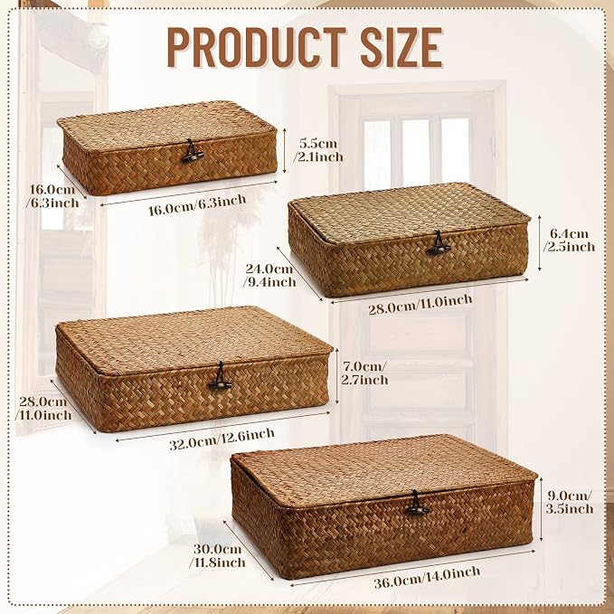 Didaey Set of 4 Seagrass Basket with Lid Wicker Storage Basket Decorative Storage Boxes with Lids Flat Storage Bins Woven Organizer Baskets for Shelf Closet Bedroom, 4 Sizes (Brown) - Image 2