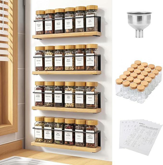 Bamboo Magnetic Spice Rack for Refrigerator, Space Saving Complete Set with 24 Bamboo Lid Glass Jars, 216 Waterproof Labels & Steel Funnel, Fridge Spice Organizer, 11.6" W x 2.4" D x 3.2" H by KitHero