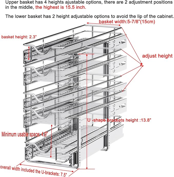 DINDON Pull Out Cabinet Organizer (7-1/2" W x 21-1/2"D), Cabinet Pull Out Shelves, 2 Tier Pull Out Drawers for Kitchen Cabinets, Wire Basket Slide Out Shelf for Cabinet Organization - Image 2