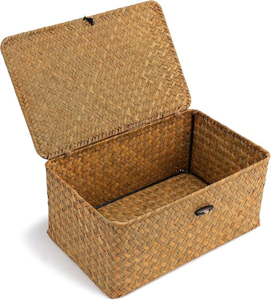 Nonam Small Basket with Lid, Natural Seagrass Bin with Lid, Shelf Baskets Multipurpose Container for Boho Decoration, Rectangular Household Storage Boxes for Home Organization-Natural by Unknown
