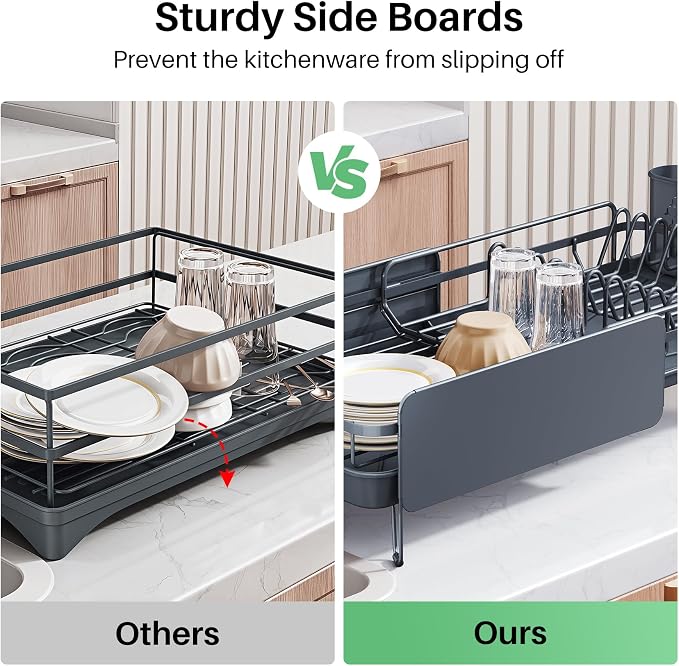 SNTD Large Dish Drying Rack for Kitchen Counter, Expandable, Grey | Stainless Steel Dish Drainer, Adjustable Length 18.9''-29.3'', Automatic Drainage, 360° Spout, Cutlery Holder with Knife Slot - Image 5