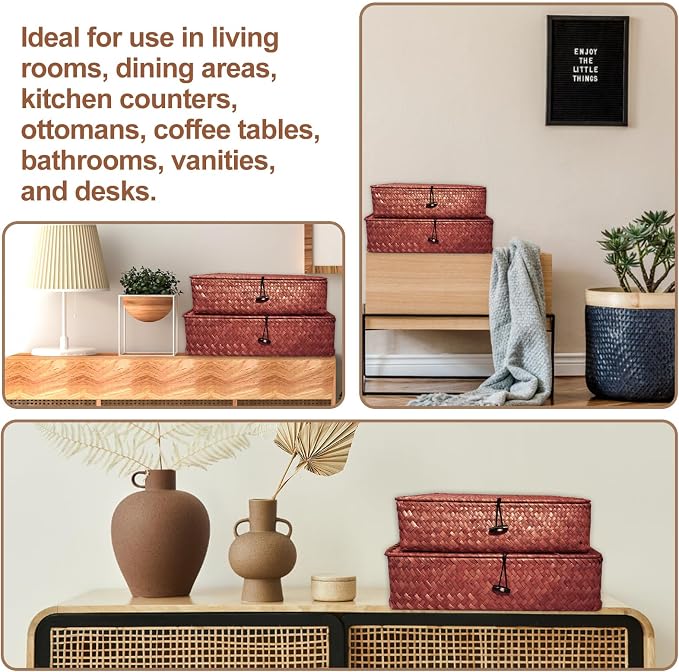 5 Pcs Seagrass Basket with Lid 5 Sizes Decorative Storage Boxes Rattan Wicker Storage Basket with Lids Woven Organizer Baskets Multipurpose Flat Storage Bins for Shelf Closet Bedroom (Dark Brown) - Image 7