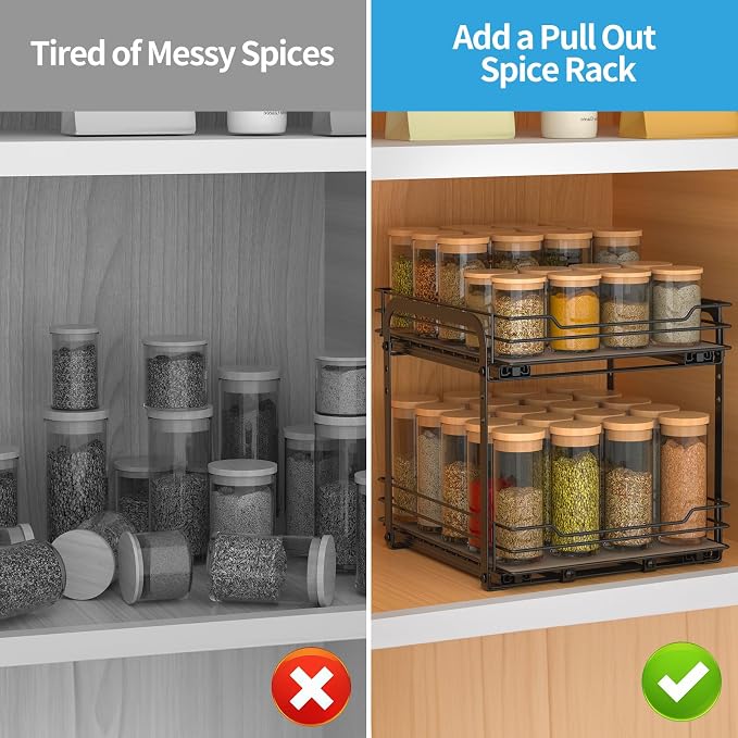 BOIVSHI 2-Tier Spice Rack, Pull Out Cabinet Organizer Spice Racks Height Adjustable Heavy Duty Metal Basket for Inside Cabinets & Pantry Closet(9.5''Wx10.5''Dx9.5''H) - Image 3