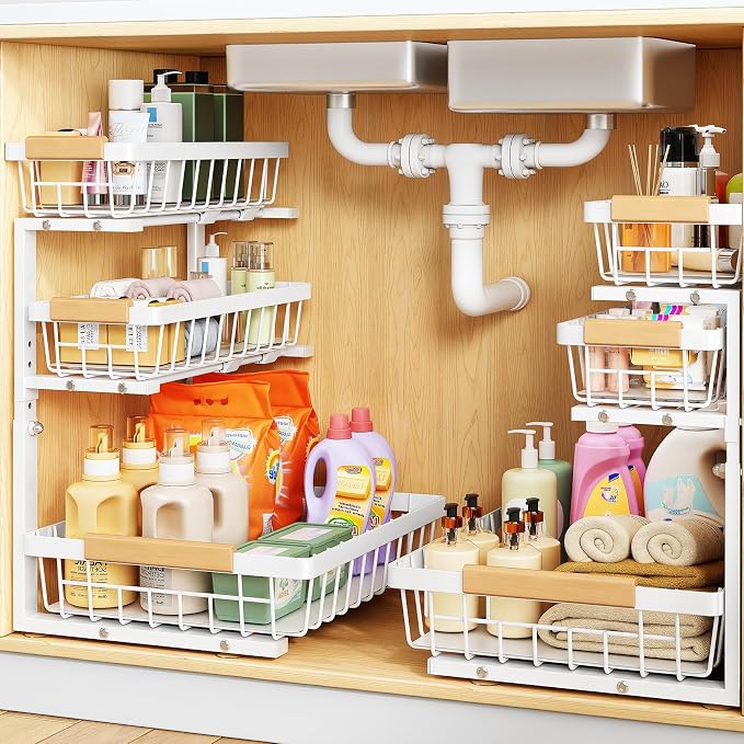 PXRACK Under Sink Organizer, 2-Pack 3-Tier Height Adjustable Thickened Metal Pull out Cabinet Organizer Shelf, Slide out Storage Drawer Rack for Bathroom Kitchen Pantry Home Organization, White by PXRACK