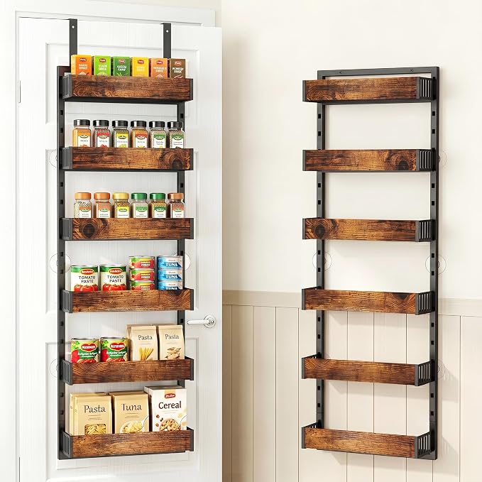 6-Tier Over the Door Pantry Organizer, 2-in-1 Door Hanging or Wall Mounted Spice Rack, Space Saving Metal Storage Shelves with Adjustable Baskets for Kitchen, Closet, Bathroom by GUUKAR
