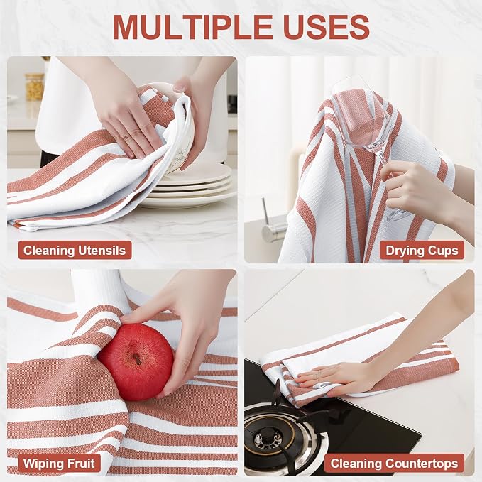 Homaxy Premium Cotton Stripe Kitchen Towels 3 Pack, 18"x 28", Rust | Large 380 GSM Kitchen Hand Towels, Soft Terry Dish Towels, Highly Absorbent Tea Towel Set with Hanging Loop - Image 4