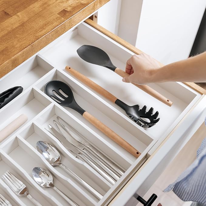 Silverware & Utensil Drawer Organizer, 18-33 in, White Bamboo | Cutlery, flatware, food-safe contract grade, kitchen drawer fit - Image 6