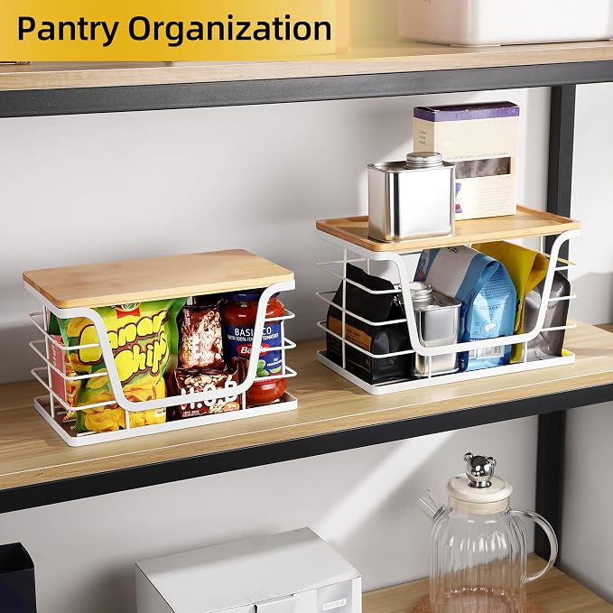 ALOCEO 2 Pack Potato and Onion Storage Bins, Large Trash Bag Holder Under Sink with Bamboo Top, Stainless Steel Pantry Organizers Storage, Kitchen Counter, White - Image 6