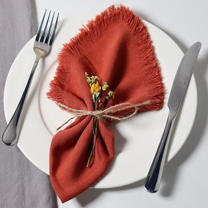 Handmade Cloth Napkins with Fringe,18 x 18 Inches Cotton Linen Napkins Set of 4 Versatile Handmade Square Rustic Fringe Napkins for Dinner, Wedding and Parties, Terracotta by Dololoo