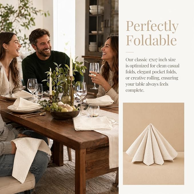17x17 Beige Linen Cloth Napkins Set of 12 Reusable Holiday Dining | Perfect for Thanksgiving dinner. This 12-pack of reusable beige cloth napkins adds a warm, rustic vibe to your table. - Image 7