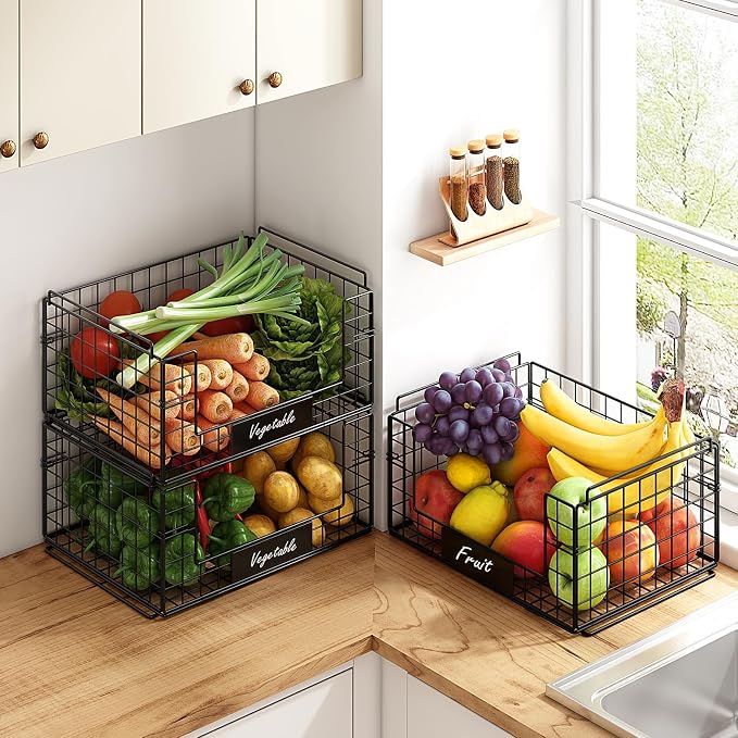 JKsmart 3 Pack XXL Stackable Wire Baskets, Pantry Organizers and Storage | Fruit Basket with Name Plates & Handles & Breathable Design, Muti-Purpose for Snack Rack & Metal Storage Bins & Can Organizer - Image 4
