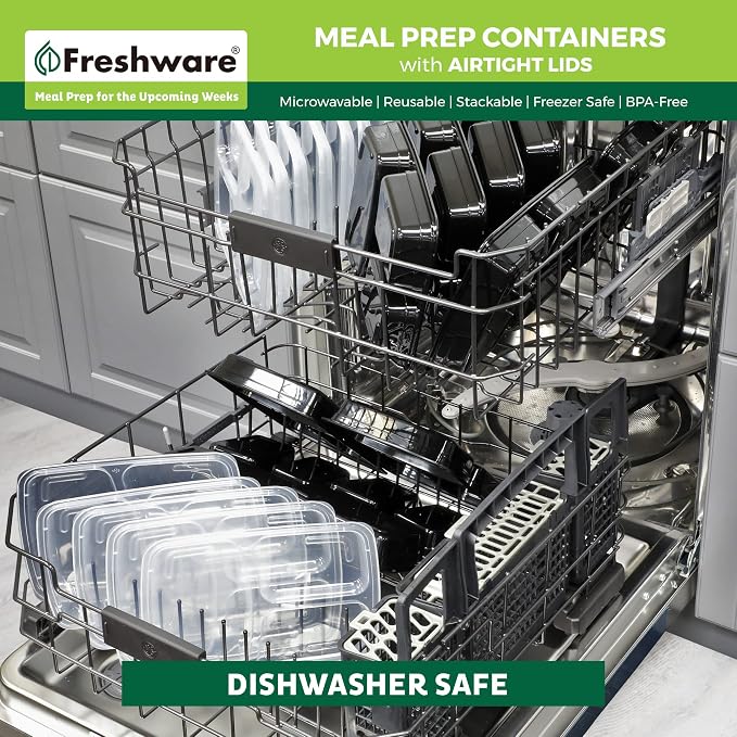 Freshware Meal Prep Containers [21 Pack] 3 Compartment with Lids, Food Storage Containers, Bento Box, Stackable, Microwave/Dishwasher/Freezer Safe (24 oz) - Image 9