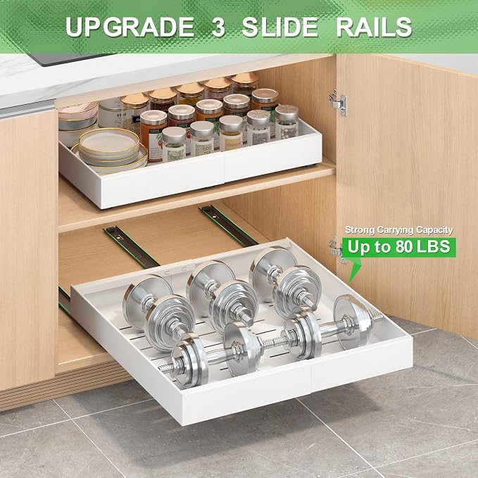Expandable Pull-Out Cabinet Organizer - White, 21" D x Adjustable Width 12.6-20.47", No Drill Adhesive Installation with 3-Slide Rails for Kitchen Storage (2 Pack) - Image 3
