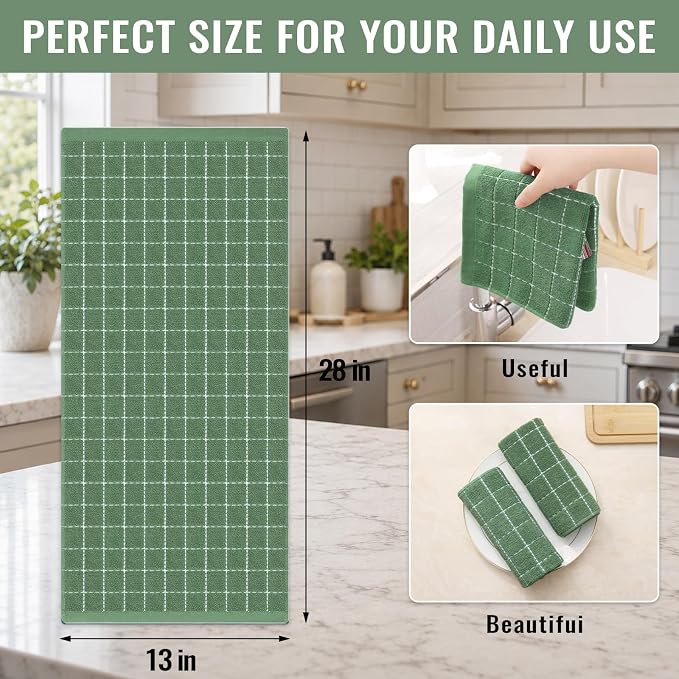 Kitinjoy 100% Cotton Terry Kitchen Towels, 13”x 28”, 4-Pack, Grass Green | Checkered Designed, Ultra Soft Absorbent Quick Drying Dish Towels - Image 4