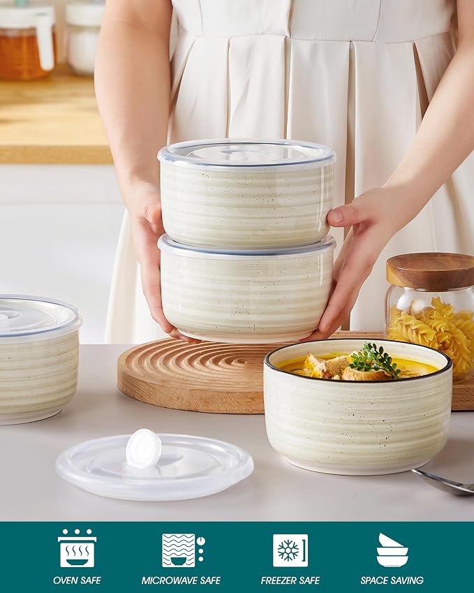 vancasso Bonbon Ceramic Bowls with Lids Set of 4, 36 oz Microwave Safe Soup Bowls, Airtight Food Storage Containers for Meal Prep, Salad, Cereal, Leftovers, Lunch, and Serving, Beige - Image 4