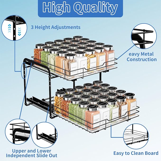BOIVSHI 2-Tier Spice Rack Organizer, Pull Out Spice Rack for Cabinet, Height Adjustable Heavy Duty Metal Basket for Inside Cabinet & Pantry (11.5''Wx10.5''Dx9.5''H) - Image 5
