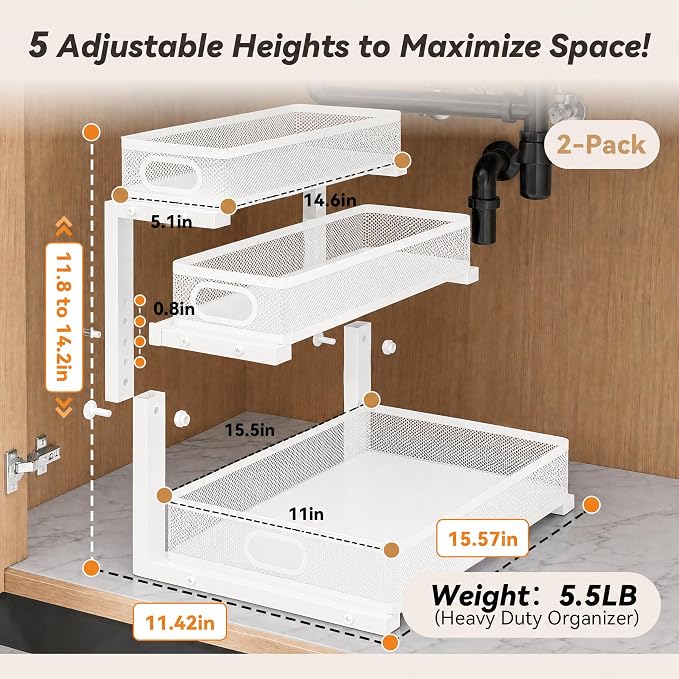 3-Tier Under Sink Organizer 2-Pack Organization for Bathroom Kitchen,White | Thickened Metal Pull Out Cabinet Shelf Height Adjustable Slide Out Drawer Storage Rack for Pantry Laundry Home Office - Image 6