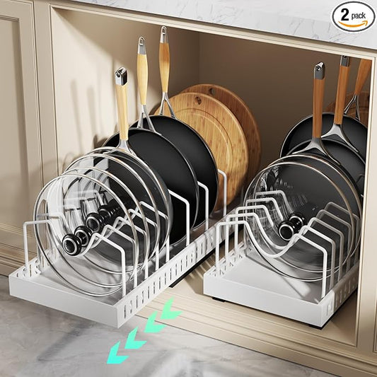 Pull Out Pots and Pans Organizer Under Cabinet, Expandable Sliding Lid Holder and Pan Rack for Kitchen, Slide Out inside Cabinet for Pot Lid, Bakeware, Dishes, 10 Adjustable Dividers, 2 Pack White by Lozovincablemanagementtray