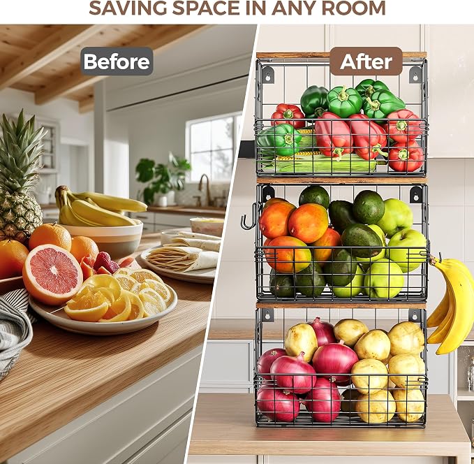 Delamu Stackable Metal Fruit Basket with Wood Lid 3 Pack, Hanging Wall Organizer for Kitchen Counter, Pantry Storage for Onions, Potatoes, Garli, Fruits, Spices, Black - Image 5