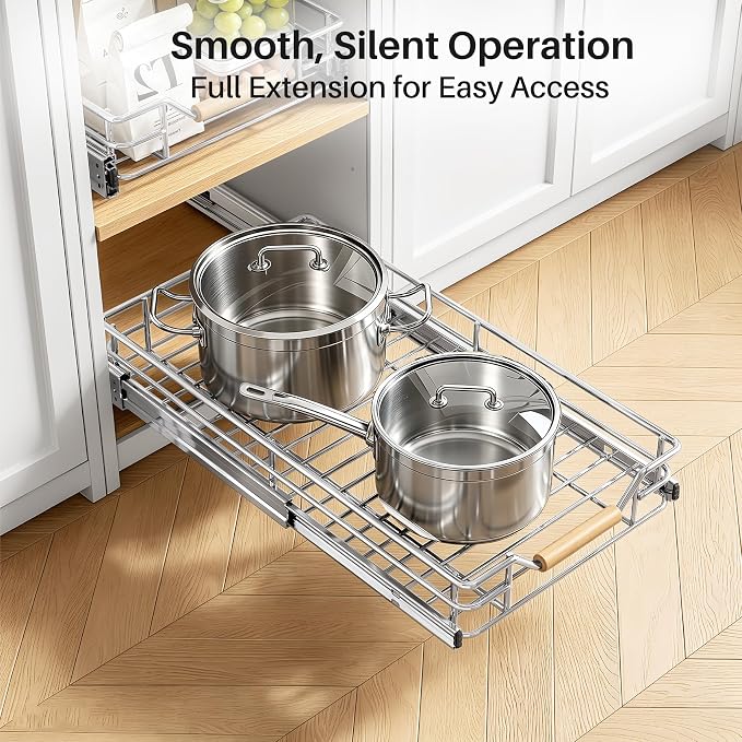 Pull out Cabinet Organizer, 11"W X 21"D, Heavy Duty Smooth Sliding Under Cabinet Shelves for Pots and Pans, Full-Extension Roll out Drawers, Slide out Organization for Home Kitchen Pantry - Image 3