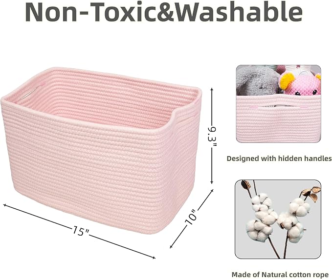XUANGUO Woven Cotton Rope Storage Baskets 15x10x9.3" 3 Pack Light Pink | Decorative rectangular storage baskets for shelves and closets; storage bins organize clothes, toys, books and nursery items. - Image 2