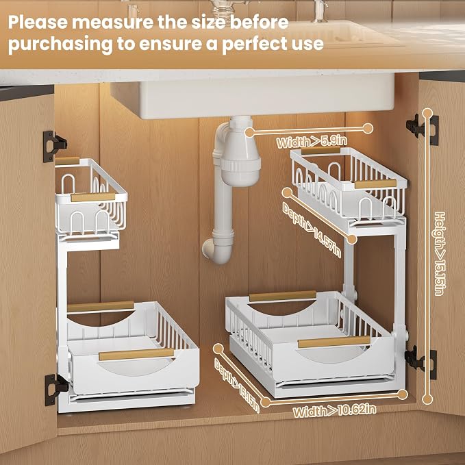 Under Sink Organizer and Storage 2 Tier Cabinet Pull Out Shelf Organizers | 2 Pack 2 Tier under sink storage for Bathroom and Kitchen Slide Out Drawer Organization for Home Cabinets Shelves and Drawers - Image 7