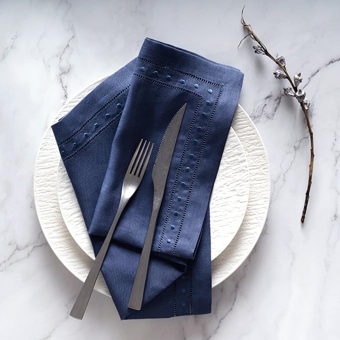 Linen Napkins Set of 4-100% Pure Linen Navy Blue Dinner Napkins with Embroidered Dot 18 x 18 inch - Hemstitch Cloth Napkins Washable for Summer and Wedding Decor - Image 2