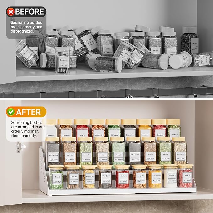 RCHYFEED 3 Tier Expandable Spice Rack Organizer, Height Adjustable,Metal | White, Multi-purpose Metal Display Organizer for Cabinet, Countertop, Pantry and Cupboard Spice Storage - Image 8