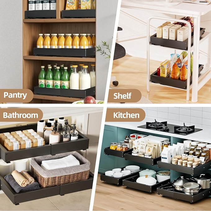 Expandable Pull Out Cabinet Organizer, Adjustable Width 12"-19" & Depth 16.5"-22", 4-Side Extension, 5 Slide Rails for Heavy Duty Use, Adhesive Roll Out Shelves for Kitchen Cabinets, Black 1PCS - Image 6