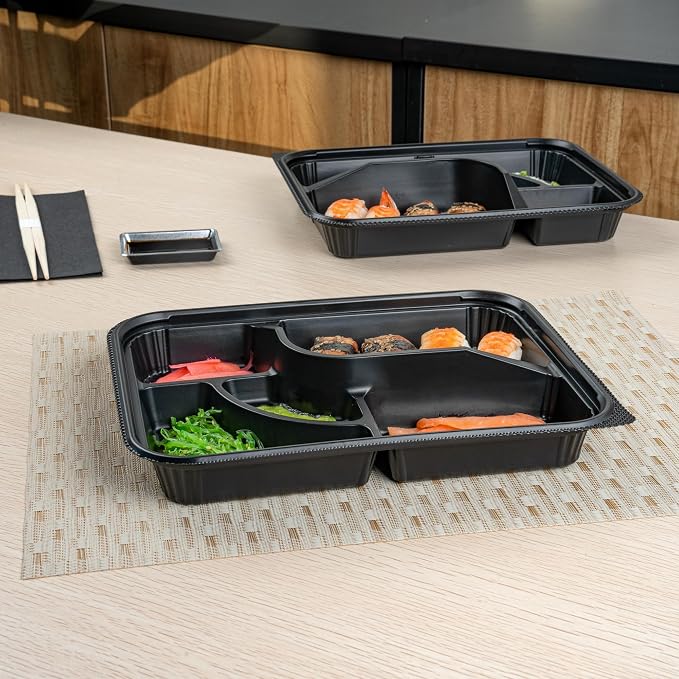 Restaurantware-Bento Tek 26.2 Ounce Meal Prep Containers, 50 Disposable To Go Food Boxes - Lids Sold Separately, 5 Compartments, Black Plastic Bento Lunch Boxes, Microwavable, Freezable - Image 5