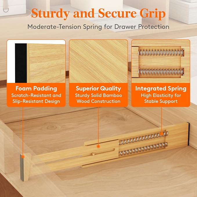 Lifewit 2.4" High 6 Pack Bamboo Drawer Dividers 33-42cm/13-16.5" Adjustable Wooden Drawer Organizer for Clothes/Utensils, Expandable Drawer Separator for Dresser/Kitchen/Bedroom/Office Organization - Image 2