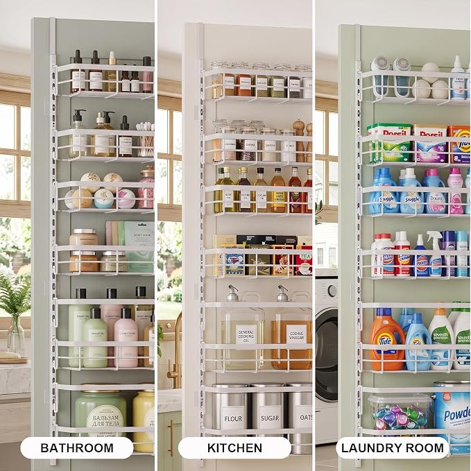 Apinol Over the Door Pantry Organizer, Adjustable 6 Tier Wide Storage Shelves with Hooks Fit Thin Doors Hold Spices Rack for Pantry Kitchen RV, White - Image 6