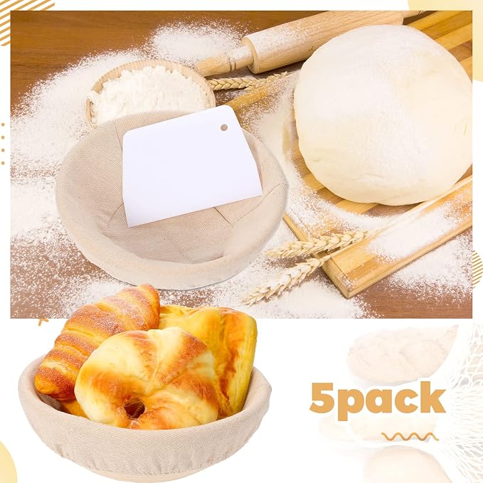 Nuogo 5 Pack Banneton Bread Proofing Basket 8.5 Inch Round Sourdough Proofing Basket Bowl with Liners and Scatters for Home Making Bread Bakers Baking - Image 2