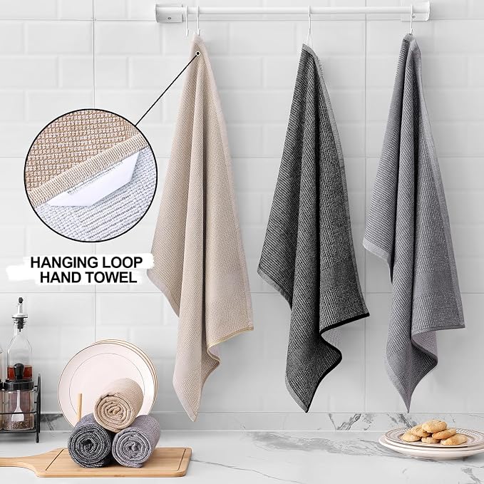 Homaxy 380 GSM Cotton Premium Kitchen Towels 3 Pack, 18"x 28", Mix | Flat and Terry Dish Towels, Highly Absorbent Tea Towel Set with Hanging Loop, Soft Kitchen Hand Towels, Grey/Khaki/Black - Image 3