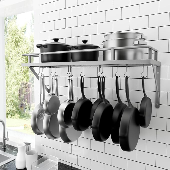 KES 30-Inch Silver Gray Pot Rack with 12 Sturdy Hooks, Wall Mounted | Holds 88 lbs, Cast Iron Pots and Pans Organizer, Kitchen Wall Hanging Hanger Shelves, Modern, KUR215S75A-SG by KES