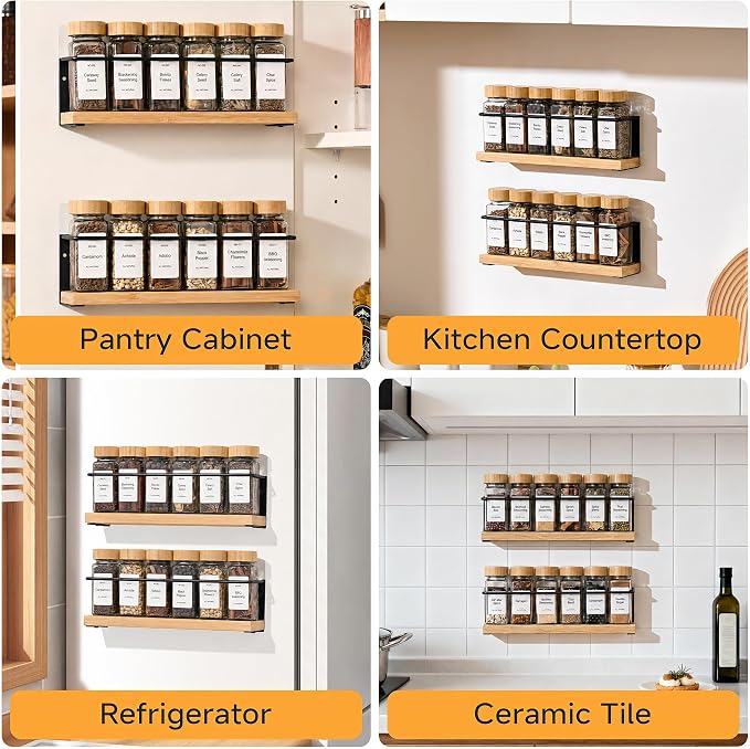 4-Tier Wall Mount Spice Rack Organizer with 24 Glass Jars, 216 Labels & Funnel - Screw/Adhesive Mount, Black Metal & Bamboo Spice Storage for Kitchen Pantry Cabinet, 11.6”W x 2.4”D x 3.2”H - Image 6