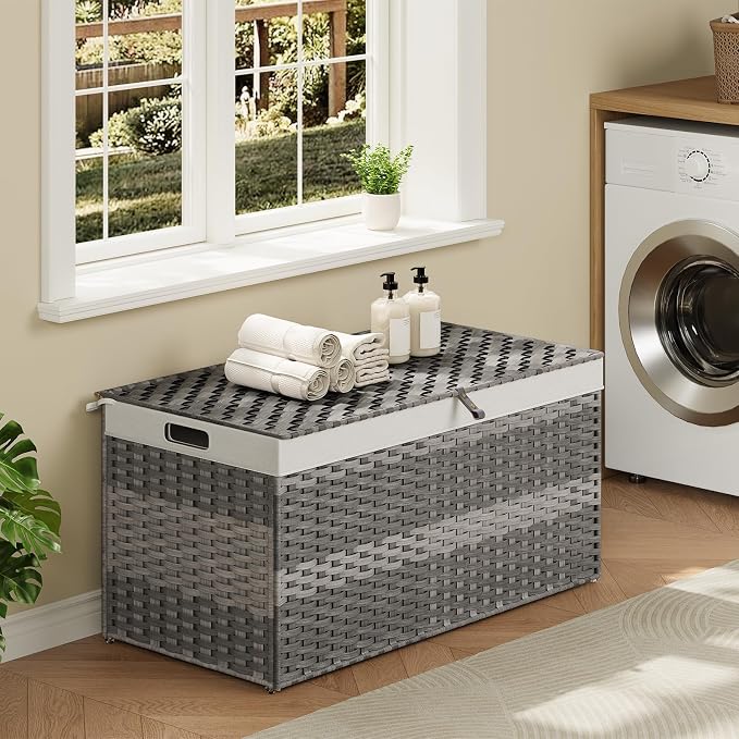 HOOBRO Storage Basket with Lid, 52.8 Gallon (200L) Wicker Basket, Handwoven Blanket Storage Basket with Handles, Metal Frame and Soft Lining, Foldable for Bedroom, Laundry Room, Gray GY220CW01 - Image 4