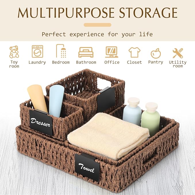 Marsui 9 Pcs Paper Rope Storage Baskets with Handle Labels Handwoven Multi-size Brown Storage Bins for Organizing Small Baskets Container for Shelves Closet Pantry Toilet - Image 4