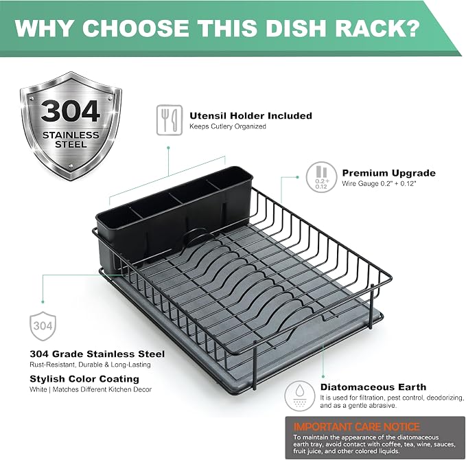 SunnyPoint 304 Stainless Steel Dish Drying Rack with Diatomaceous Earth Drainboard & Removable Utensil Caddy – Rust Resistant Countertop Dish Rack for Kitchen (Black) - Image 4