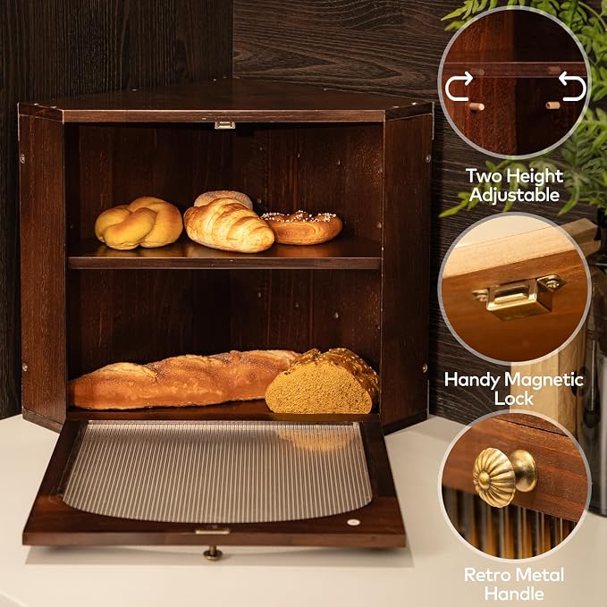 Corner Bread Box for Kitchen Countertop, Solid Wood, Walnut | 2-Tier Large Capacity, Wooden Bread Box, Vintage Farmhouse Breadbox, Pine Wood, Bread Storage Container, Adjustable Shelf - Image 4