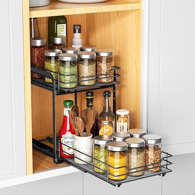 RCHYFEED 2 Tier Pull Out Spice Rack for Cabinet,7.5" Wx10.5 Dx9.5 H | Height Adjustable Spicy Shelf Metal Slide Out Spice Rack Heavy Duty Vertical Spice Shelf for Inside Cabinets & Pantry - Image 3
