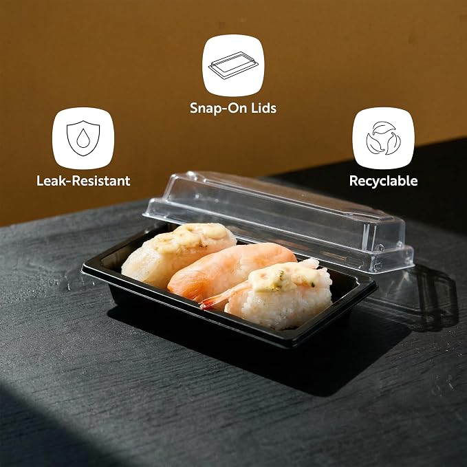 Restaurantware Plastic Sushi Trays 100 Pack of 5.3 x 3.15 x 1.57 Inch With Clear Lids Leak-Resistant Sushi Take Out Boxes Stackable Containers For Grab-And-Go - Image 4