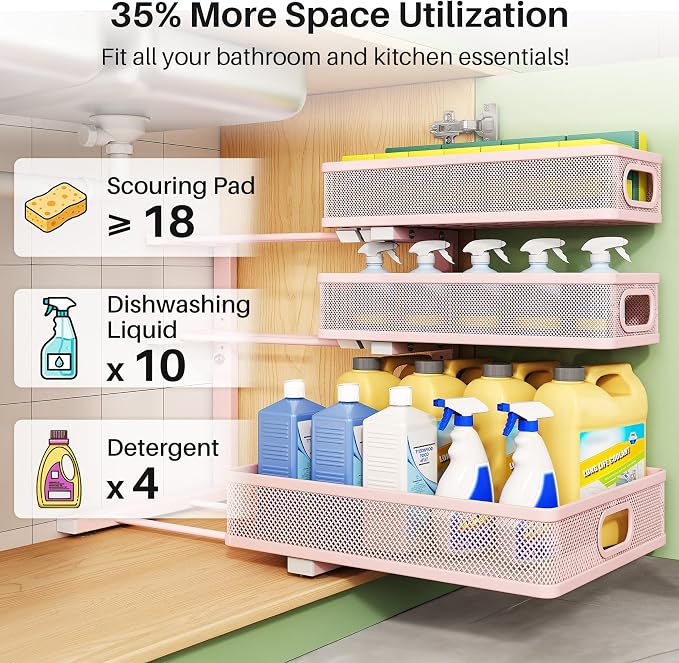 Kitstorack Under Sink Organizer, 1-Pack 3-Tier Height Adjustable Thickened Metal Pull out Cabinet Organizer Shelf, Slide out Storage Drawer Rack for Bathroom Kitchen Pantry Home Organization, Pink - Image 4