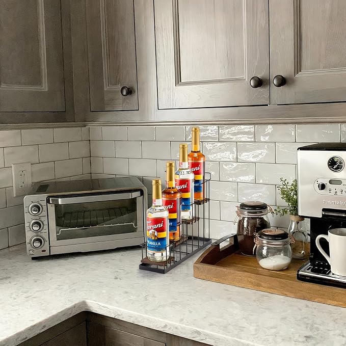 Coffee Syrup Rack Organizer, with Rustic Wood Holder Coffee Station Bar Accessory for Syrup, Wine, Dressing Bottle Countertop Display Storage Stand for Kitchen with Basket and Hooks Holds 4 Bottles - Image 6