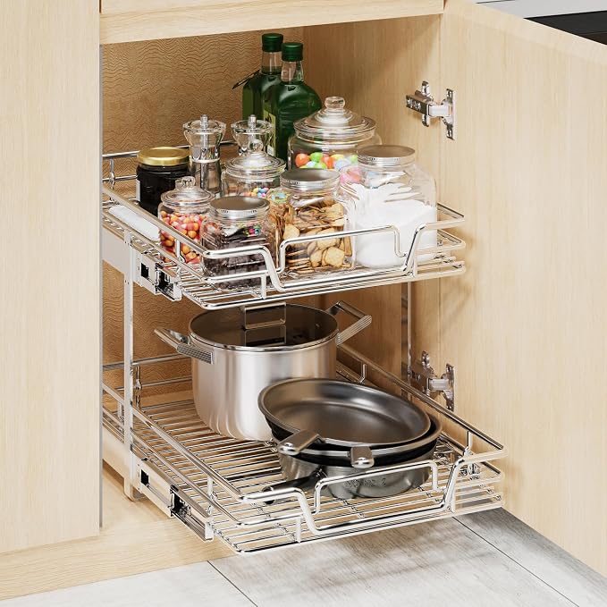 2-Tier Kitchen Cabinet Pull Out Shelf and Drawer Organizer Slide Out Pantry Storaqe Basket in Multiple Sizes (16" W x 21" D) - Image 6