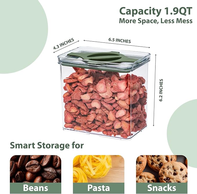 4-Pack Airtight Pantry Containers, 1.9 QT / 1.8 L Clear Food Storage Jars with Leakproof Twist-Lock Lids, Detachable Lid for Easy Cleaning, Cereal, Pasta, Rice, Oats, Snack Storage- Green - Image 3