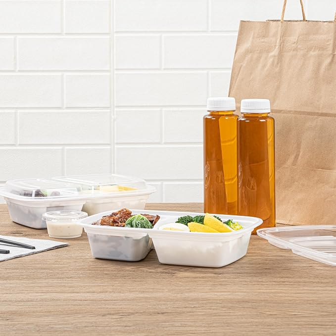Asporto 32 Ounce Compartment Take Out Boxes, 50 Microwavable Meal Prep Containers - 2 Compartments, With Clear Plastic Lids, White Plastic Food Containers, Do Not Contain BPA - Restaurantware - Image 7