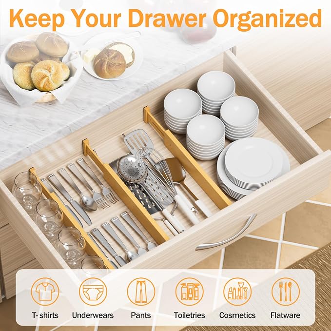 Bamboo Drawer Dividers Organizers, 2.56" High, 17"-21.8" Adjustable, 6 Pack | Expandable Separators, Great for Utensils, Kitchen, Bedroom, Dresser and Office Storage - Image 3
