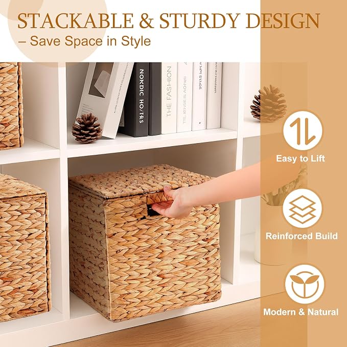 Jinei 6 Pcs Wicker Storage Basket Bulk 10 x 10 x 10 Inch Handwoven Water Hyacinth Cube Bin with Handles Woven Laundry for Organizer Shelves Wood Color - Image 3